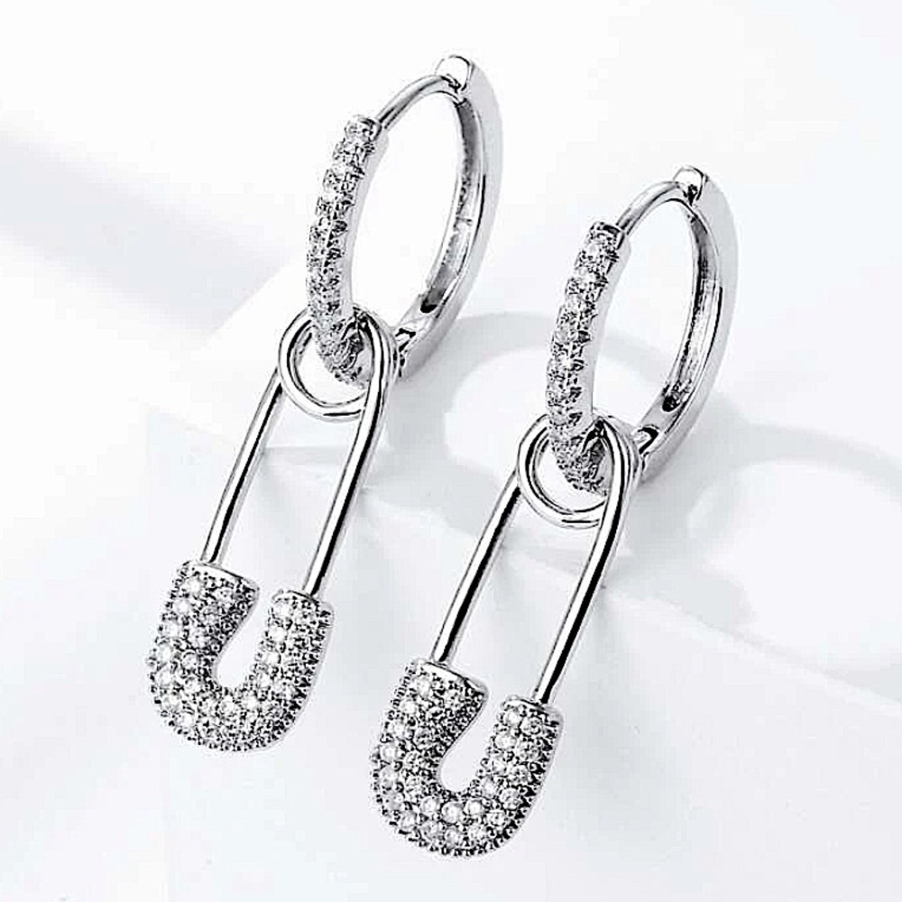 Diamond Zircon Safety Pin Design Hoop Earrings